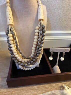 Chico’s Ivory & Silver Multi-Strand Bead Necklace with Matching Earrings